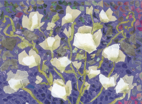 Greeting card with white blossom sweet peas in collage style layered over purple and green floral background. Artists on Cards