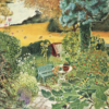 Greeting card featuring a painted English country garden with wildflowers, garden bench, and golden hayfield in the distance.