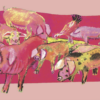 Greeting card with colourful illustrated pigs in pink, yellow, and orange tones on bright background. Artists on Cards