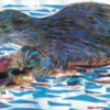 Greeting card featuring a hand-collaged otter swimming through vibrant blue water.