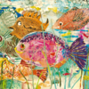 Greeting card featuring a colourful illustrated group of fish swimming in a vibrant underwater scene.