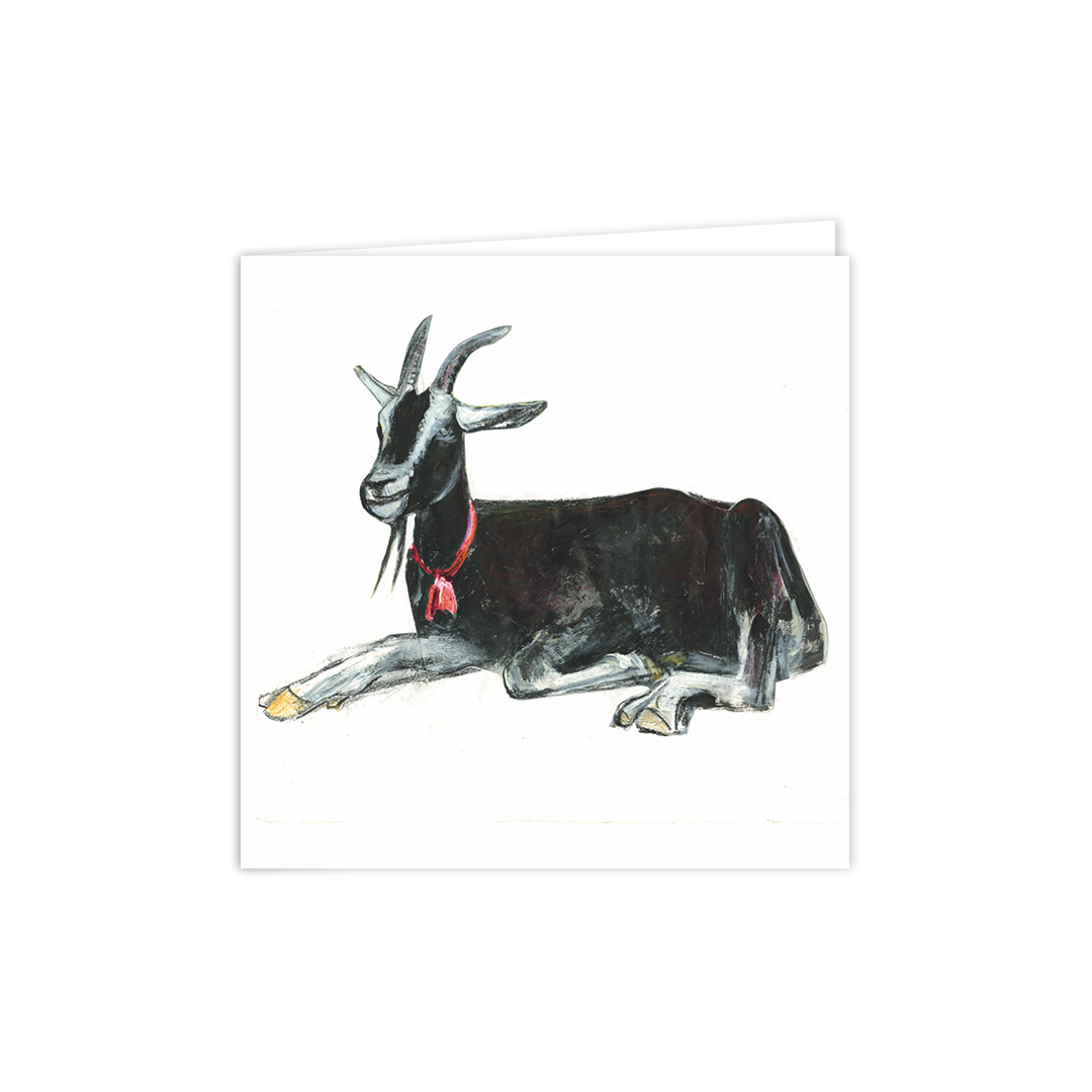 Black and white goat with pinky red collar greeting card