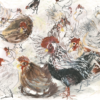 Greeting card illustration of a group of colourful, sketch-style hens with red combs and textured feathers.