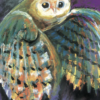 Greeting card featuring a colourful barn owl in flight under a full moon, painted in expressive strokes with purples, oranges, and blues.