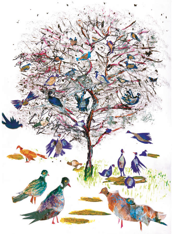 Artists on Cards Ltd Tree-of-life-collage Birds in the Tree of Life Greeting Card – Vibrant collage Wildlife Art  