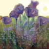 Greeting card with tall purple flowers in a painterly meadow scene with soft sunset light