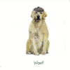 Greeting card featuring a golden retriever dog illustration wearing a flat cap titled 'Woof!'