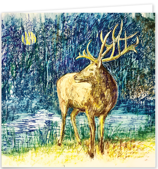 Artists on Cards Ltd SQL412-XMAS-for-website Stag in Christmas Moonlight – Christmas Greeting Card  