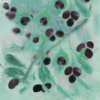 Greeting card with hand-painted purple olives and green leaves on a textured aqua background