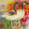**Alt Text:** “Two geese standing in shallow water, portrayed in a vibrant, mixed-media collage with bold reds, yellows, and layered paper elements in the background.” Artists on Cards