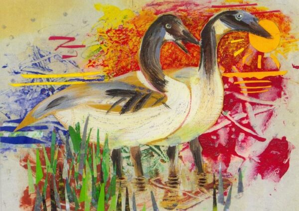 **Alt Text:** “Two geese standing in shallow water, portrayed in a vibrant, mixed-media collage with bold reds, yellows, and layered paper elements in the background.” Artists on Cards