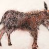 Greeting card with hand-drawn illustration of a brown donkey on a white background.