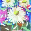 Greeting card featuring white daisy collage flowers with yellow centres on a colourful abstract background. Artists on Cards