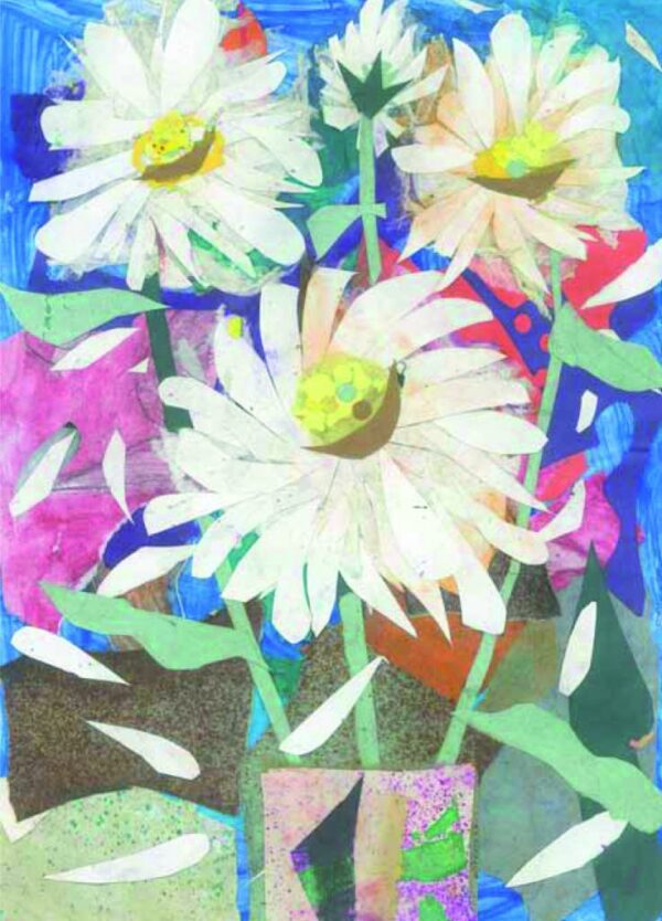 Greeting card featuring white daisy collage flowers with yellow centres on a colourful abstract background. Artists on Cards