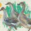 Greeting card with three golden-brown ducks and yellow sun on artistic green and white background. Artists on Cards