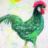 A hand-painted green rooster with a bright red comb stands under a round yellow sun on a white, textured background. Artists on Cards
