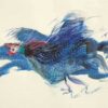 Greeting card featuring a vibrant blue Guinea fowl in flight with sweeping feathers in motion on cream background. Artists on Cards