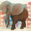 Greeting card with African elephant illustration on patterned red and orange background with sun. Artists on Cards