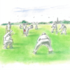 "Watercolor cricket match greeting card featuring a village cricket scene, perfect for sports fans and special occasions."