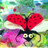 Greeting card with playful red ladybird collage and colourful floral garden background. Artists on Cards