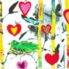 Greeting card showing a green bird in a nest with floating hearts above.