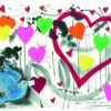 Greeting card with a purple dove carrying a letter, surrounded by colourful hearts and stylised trees on a white background.