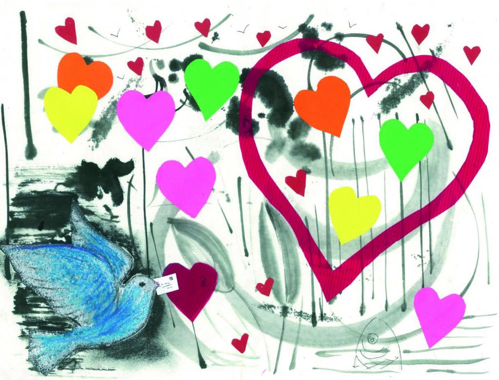 Artists on Cards Ltd loveheartswithbluedove293 Love in Colour Greeting Card – Vibrant Hearts & Blue Dove Design – Valentine’s, Anniversary or Just Because  