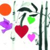 Greeting card with a purple dove carrying a letter, surrounded by colourful hearts and stylised trees on a white background.