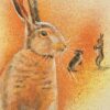 Greeting card featuring a large hare with smaller hares in the background on a warm orange textured field. Artists on Cards
