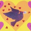 Greeting card of a purple dove with an orange heart and soft textured sky.