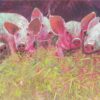 Greeting card featuring illustrated piglets lying in yellow straw with dark background. Artists on Cards