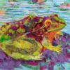 Greeting card featuring a hand-collaged colourful frog sitting on a waterlily in a pond.