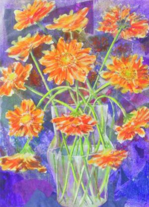 Artists on Cards Ltd southafricandaisiestdX-300x417 Orange Flower, South African Daisies Greeting Card – Bold Painterly Vase Arrangement  