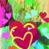 A colorful greeting card featuring an abstract background with textured brushstrokes in green, blue, beige, and pink. The design includes multiple layered heart shapes in red, blue, pink, green, and orange, with some outlined in yellow. The composition has a vibrant and artistic feel, combining collage-like elements with a hand-painted aesthetic