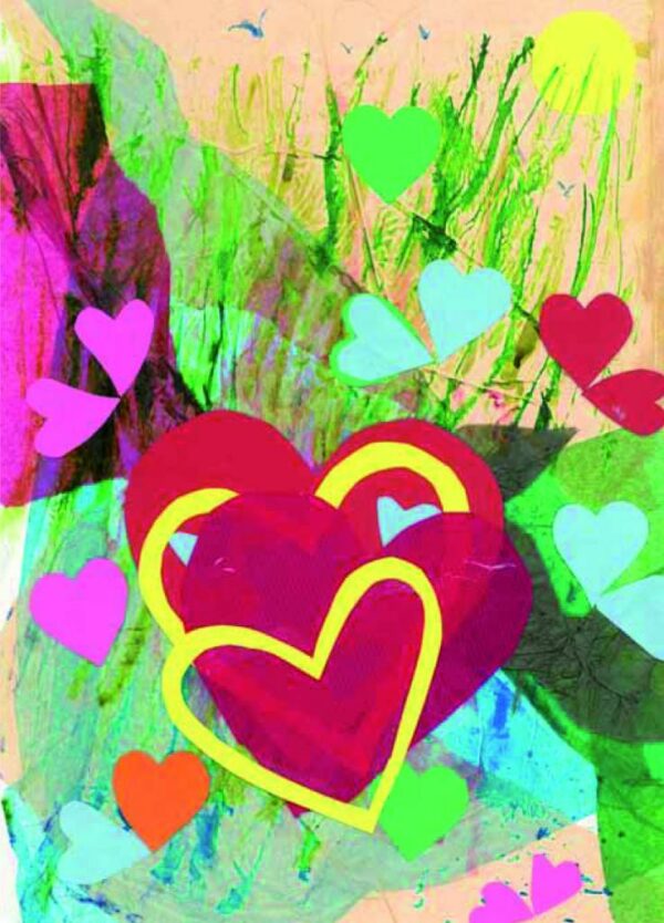 A colorful greeting card featuring an abstract background with textured brushstrokes in green, blue, beige, and pink. The design includes multiple layered heart shapes in red, blue, pink, green, and orange, with some outlined in yellow. The composition has a vibrant and artistic feel, combining collage-like elements with a hand-painted aesthetic