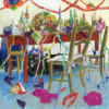 Colourful greeting card showing a post-party table with empty bottles, party mess, and a black dog hiding under the table. Titled “The Hangover!”