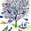 Greeting card with a colourful tree, birds, in a folk art style.