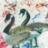 Greeting card with three painted Canada geese on abstract background, nature-themed design. Artists on Cards