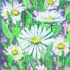 "Greeting card with hand-painted white daisies and green leaves on a soft purple and sage meadow background. Artists on Cards"