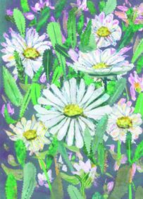 "Greeting card with hand-painted white daisies and green leaves on a soft purple and sage meadow background. Artists on Cards"