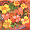 Greeting card with vibrant nasturtium flowers in bold shades of red, orange, and yellow with green leaves on a painterly background