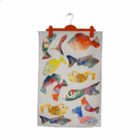 Fish Tank tea towel with colourful painted fish—100% cotton half panama