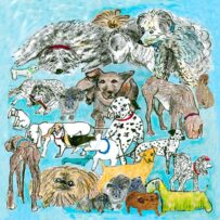 Greeting card with hand drawn dogs and text that reads 'We Love Dogs', perfect for dog lovers