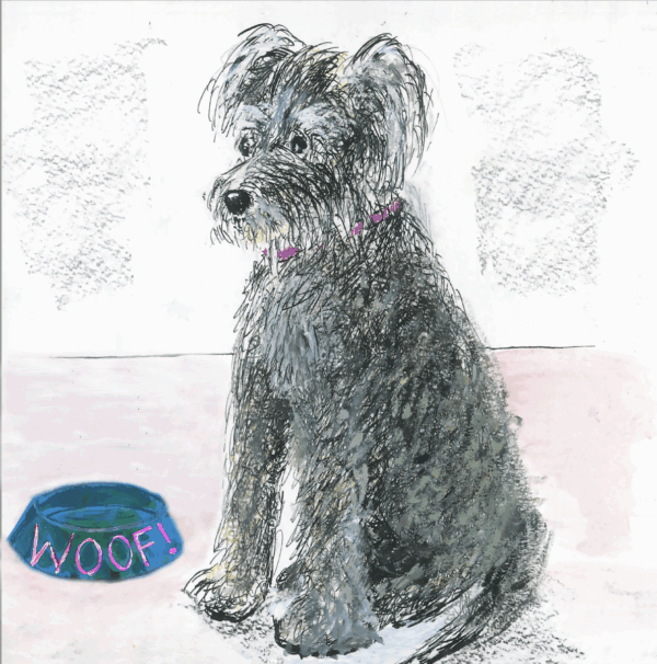 "charming illustration of a salt and pepper Schnauzer dog with a bright pink collar"