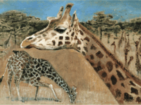 Giraffe painting on savannah with calf—art greeting card by Susan Horsfield.