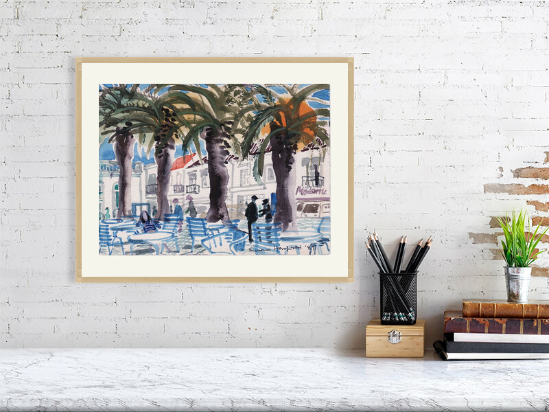 Artists on Cards Ltd ad8c37d203184e32a818b7a63d978dcb Tavira Palms & Side Street Café, Portugal – Landscape & Place Wall Art Print  