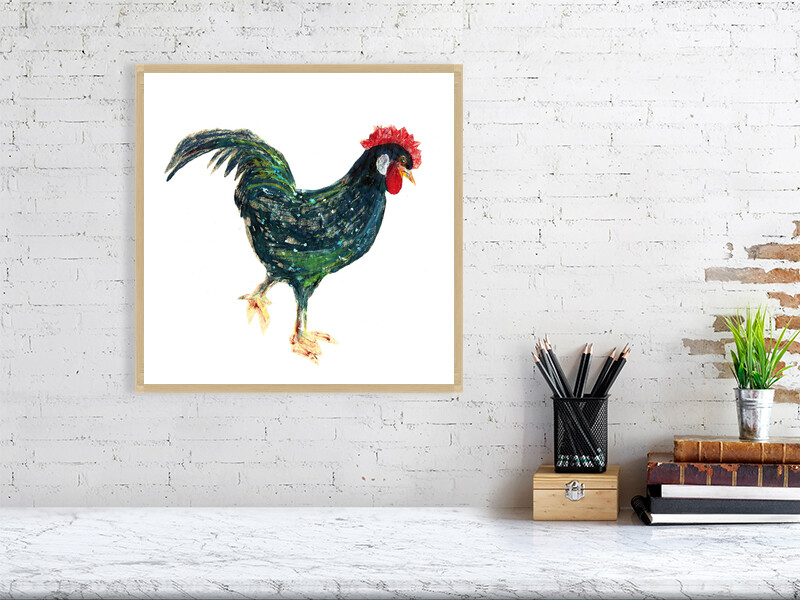 Artists on Cards Ltd bacde7ff9f96442e84ee7f49d1864e5e Green Lenny Collage – Cockerel Kitchen Wall Art Print  