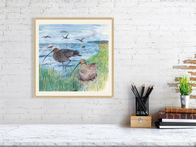 Artists on Cards Ltd e0dbfd19e2b54fee845d42a152e30a60 Coastal Curlews – Shoreline Study | Coastal Bird Wall Art Print  