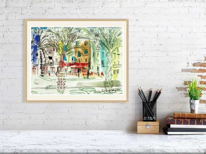 Artists on Cards Ltd f92bd740efba4d04b536add87280ba20-1 Tavira Street Scene – Landscape and Place Wall Art Print  