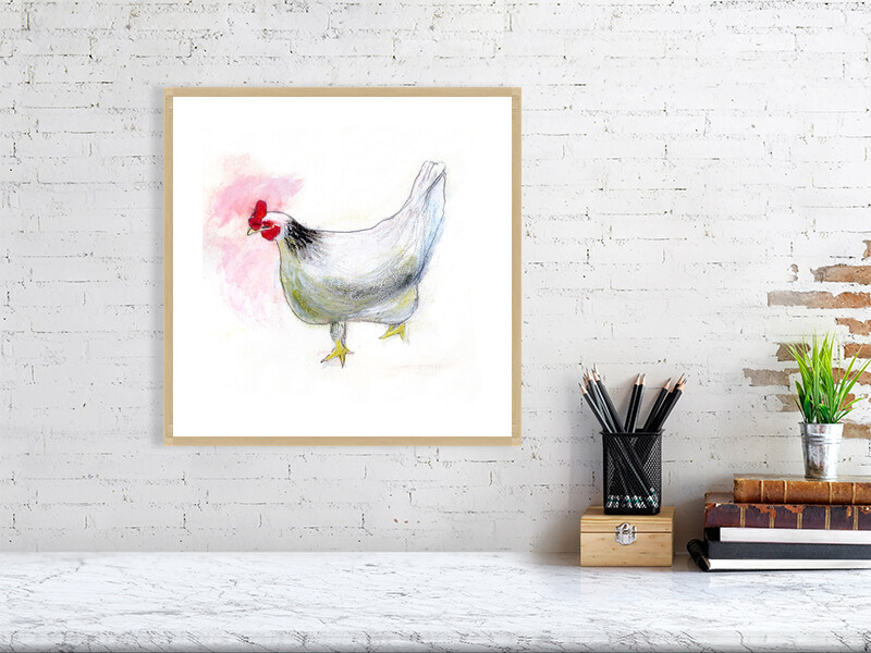 Artists on Cards Ltd fc18b89a9c0b4e148149553746637b66 White Hen Art Print – Farmyard Kitchen Wall Art, Giclée Framed Print (40 x 40 cm)  